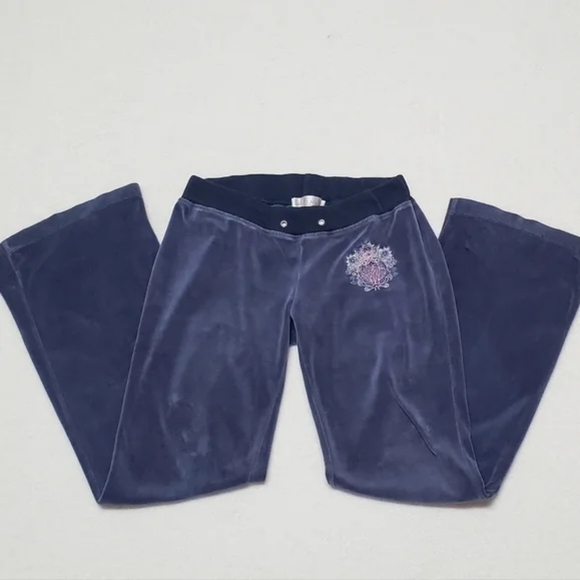 Vintage 90s Baby Phat Blue Velour Hot Pink Embroidered Low Rise Flare Track Pant - Picture 4 of 10